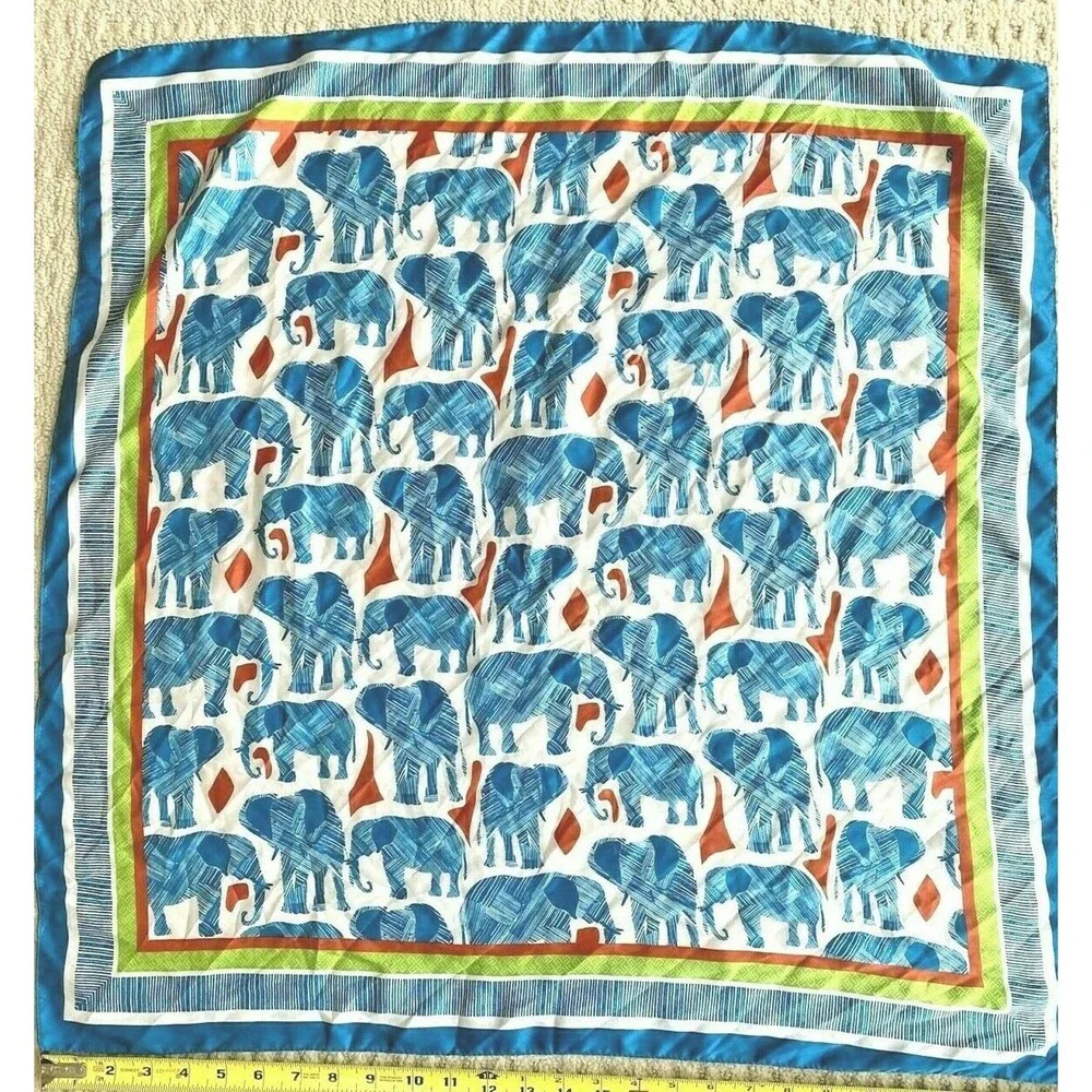 Zara silky blue green white orange elephants motif Boho retro scarf 27" square